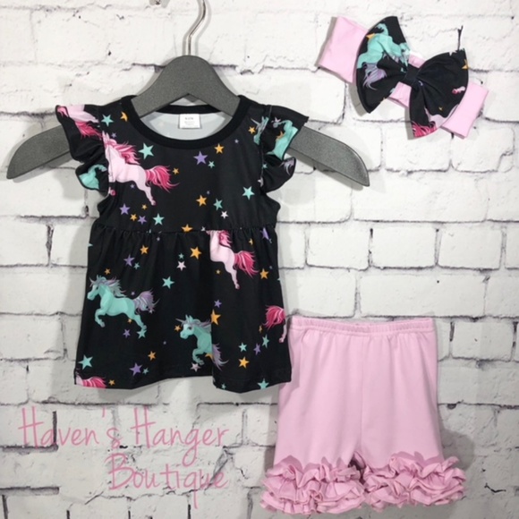 3pc. Black & Pink Unicorn Shorts Set - Picture 2 of 6